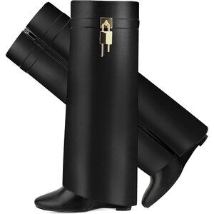 Women's Black Suede Pointy Fold Over Wedge Knee Side Zipper Padlock Boot Heel